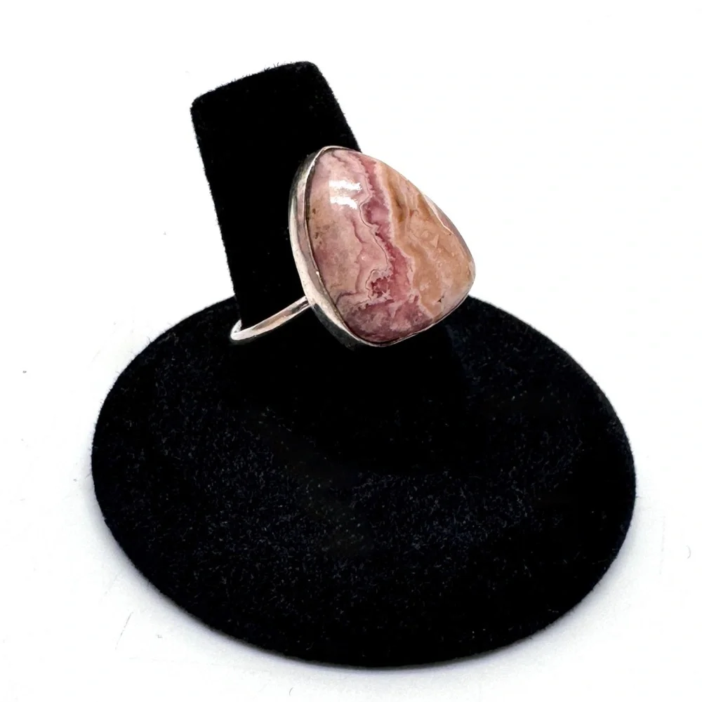 Vintage Pink Rhodochrosite Sterling Silver Statement Ring Size 8